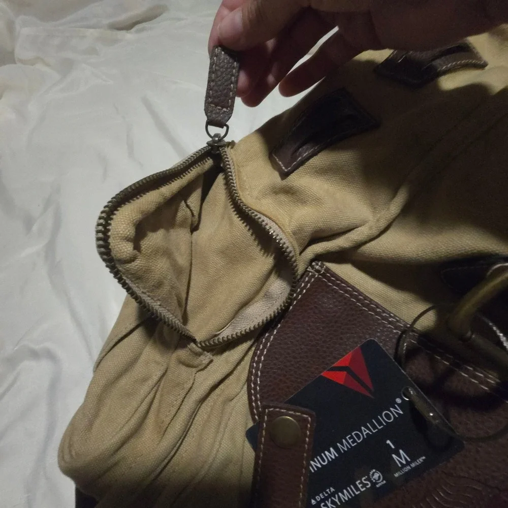 Barrington Canvas Leather Rucksack Backpack Tan Brown Delta SkyMiles Tag